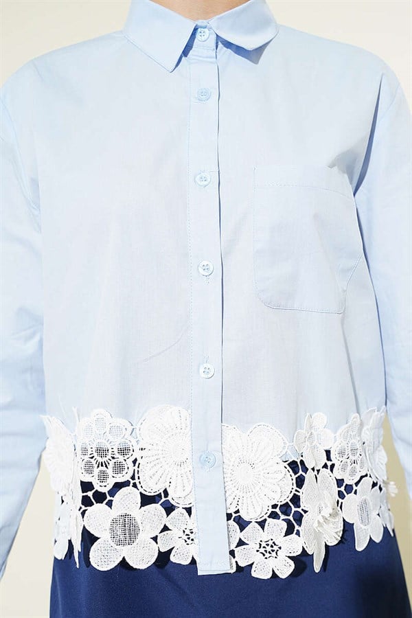 Short Shirt with Lace Hem, Ice Blue