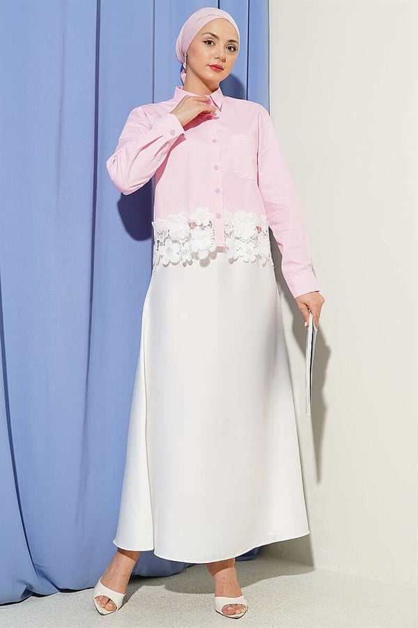 Pink Short Shirt with Lace Hem