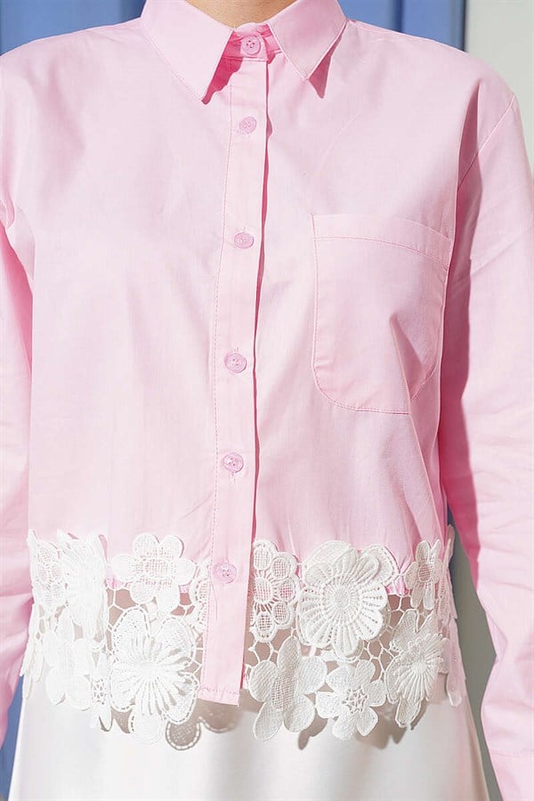 Pink Short Shirt with Lace Hem