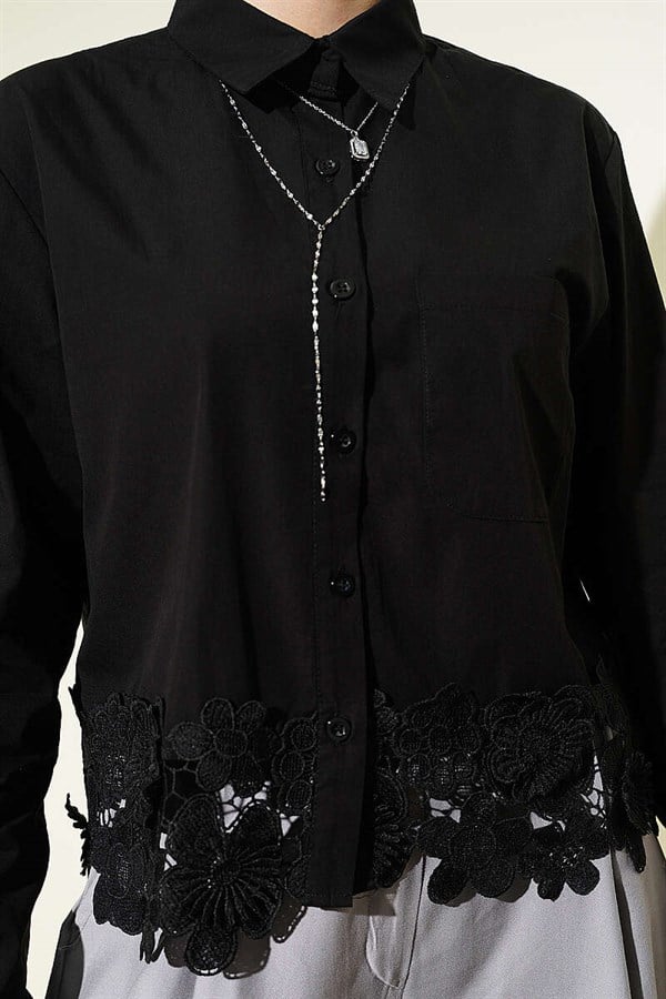 Short Shirt with Lace Hem, Black