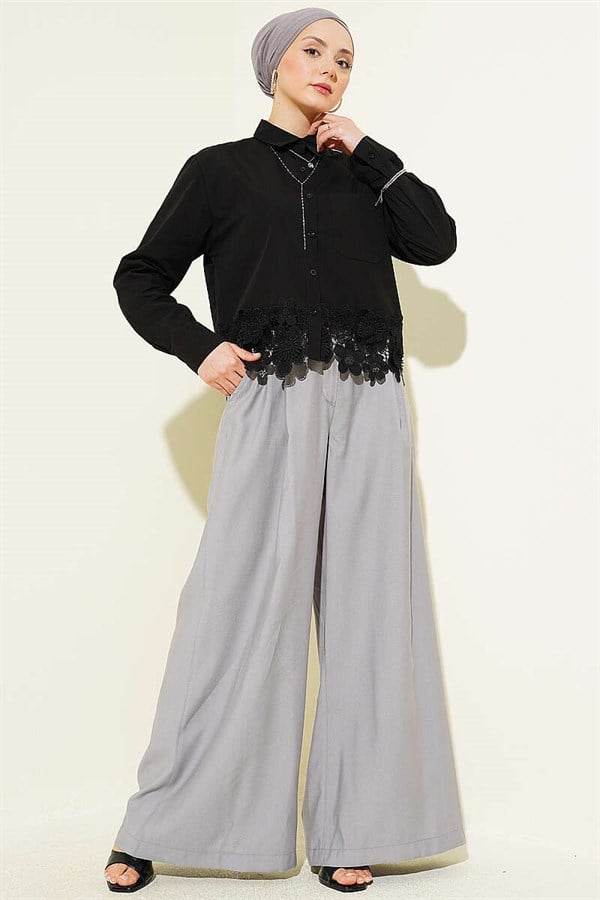 Short Shirt with Lace Hem, Black