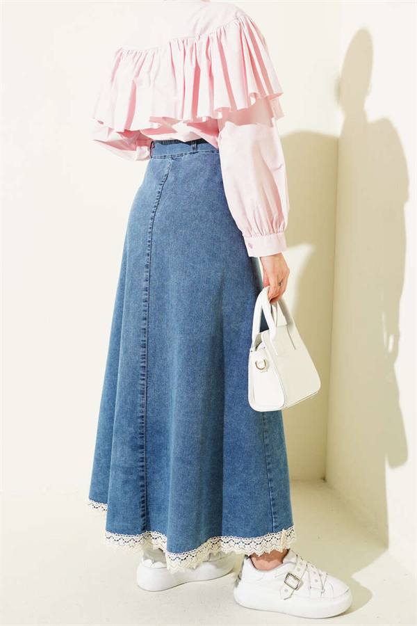 Denim Skirt with Lace Hem