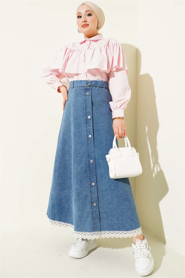 Denim Skirt with Lace Hem