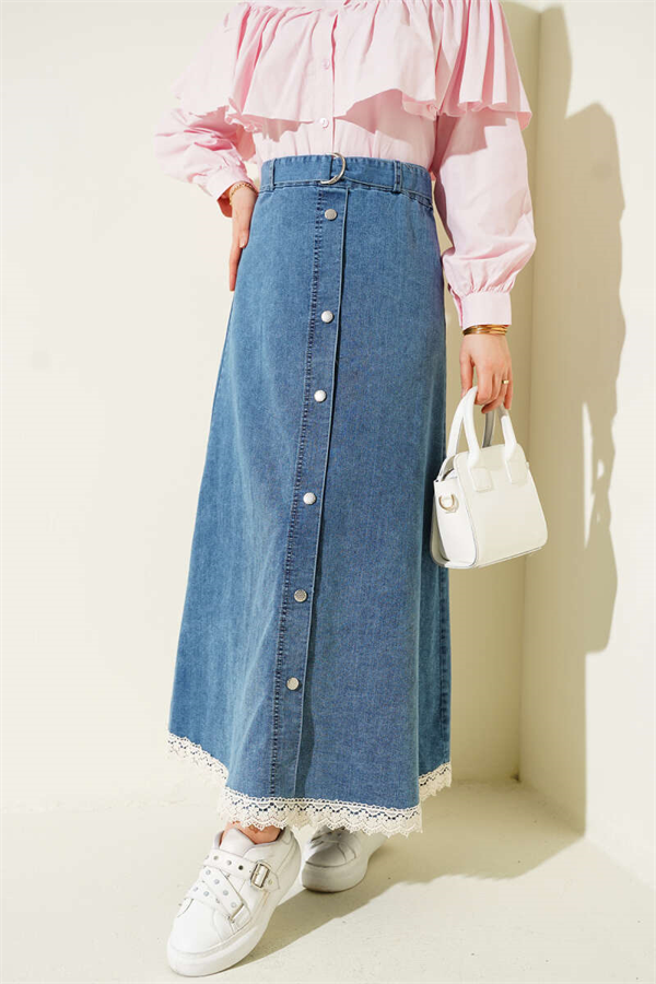 Denim Skirt with Lace Hem