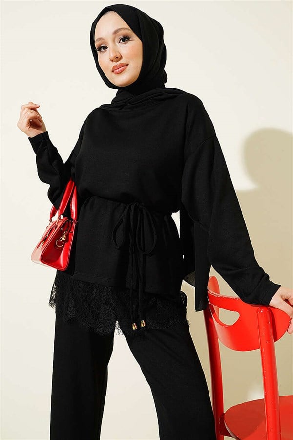 Loysa 2 Piece Set with Lace Hem, Black