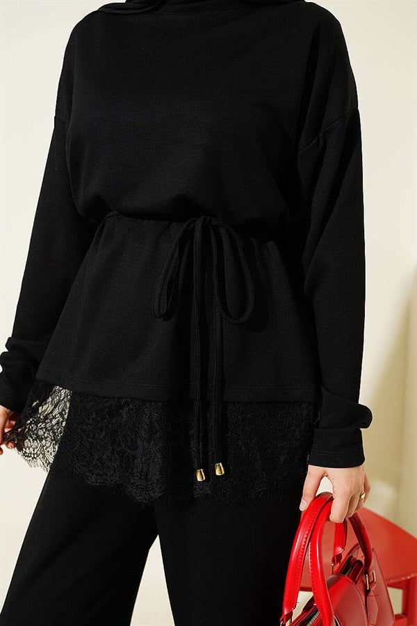 Loysa 2 Piece Set with Lace Hem, Black