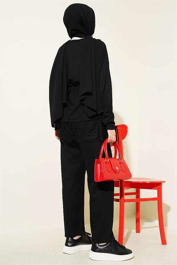 Loysa 2 Piece Set with Lace Hem, Black