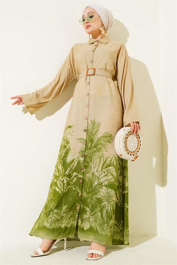 Green Button-Down Dress with Patterned Hem