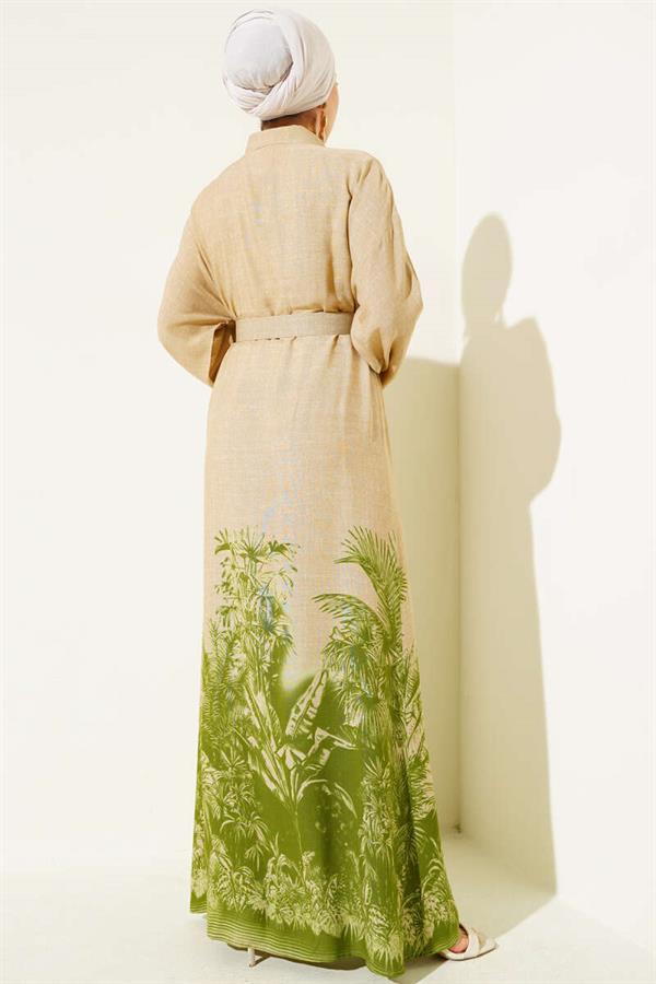 Green Button-Down Dress with Patterned Hem