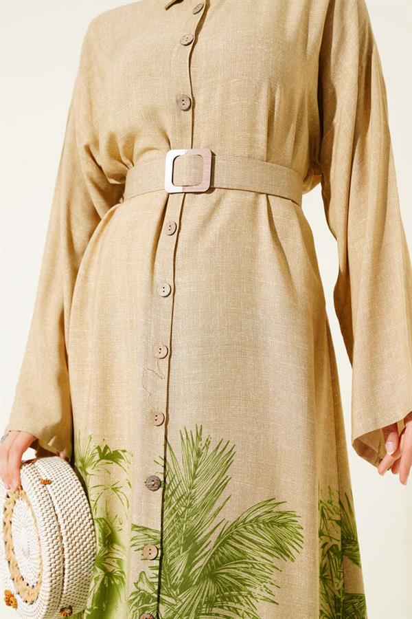 Green Button-Down Dress with Patterned Hem