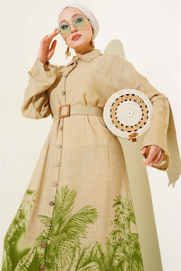Green Button-Down Dress with Patterned Hem