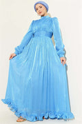 Blue Evening Dress with Ruffled Hem and Gathered Skirt