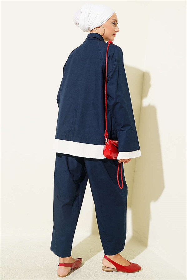 Navy Blue Two-Piece Set with Trimmed Hem