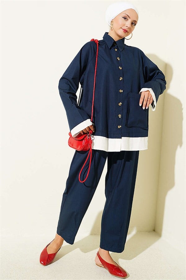 Navy Blue Two-Piece Set with Trimmed Hem