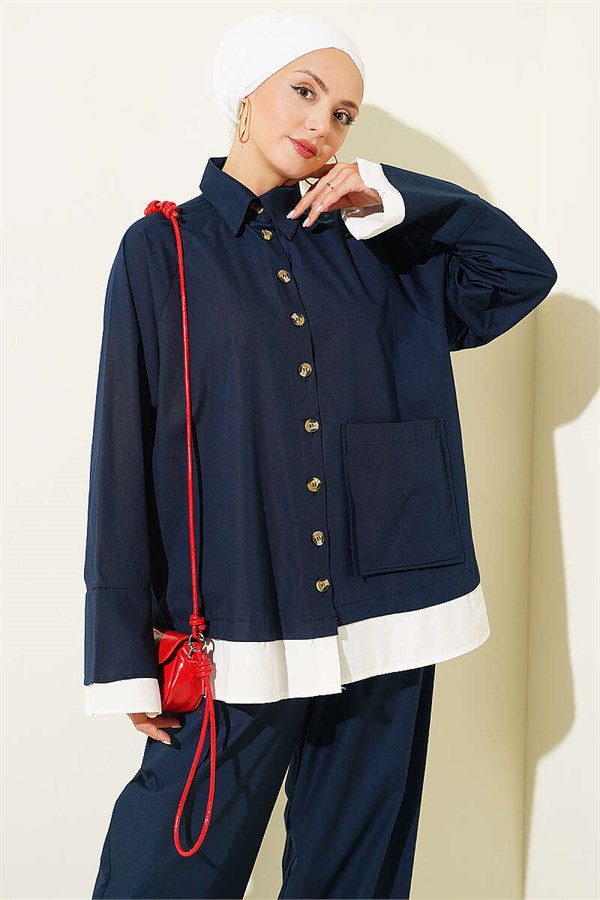 Navy Blue Two-Piece Set with Trimmed Hem