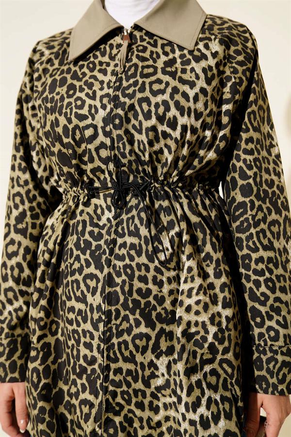 Leopard Trench Coat with Hidden Elastic Hem, Almond Green