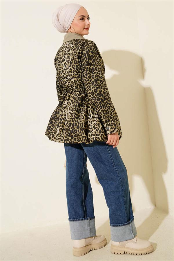 Leopard Trench Coat with Hidden Elastic Hem, Almond Green