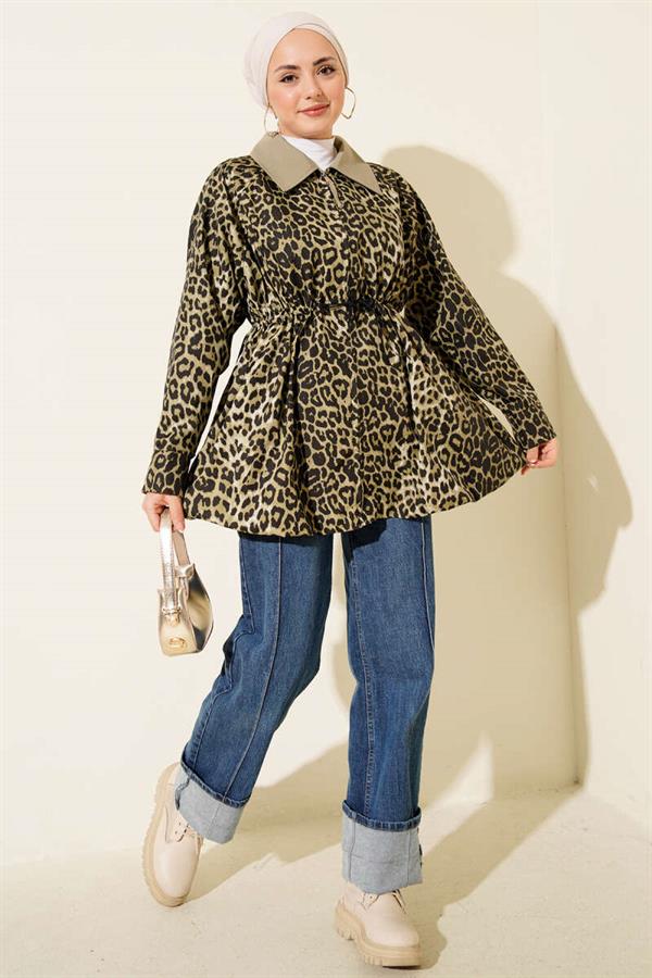 Leopard Trench Coat with Hidden Elastic Hem, Almond Green