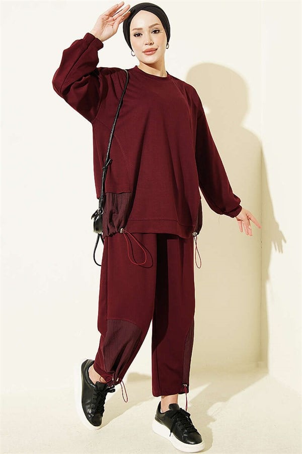 2 Piece Set with Elasticated Hem, Burgundy