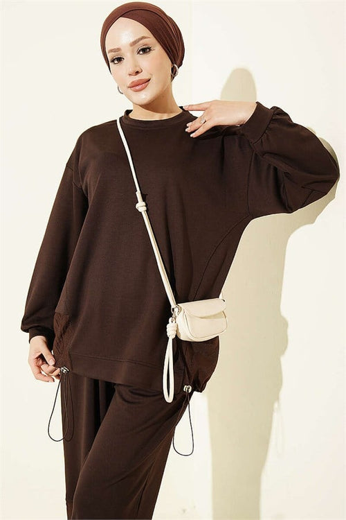 2 Piece Set with Elastic Hem in Coffee Brown