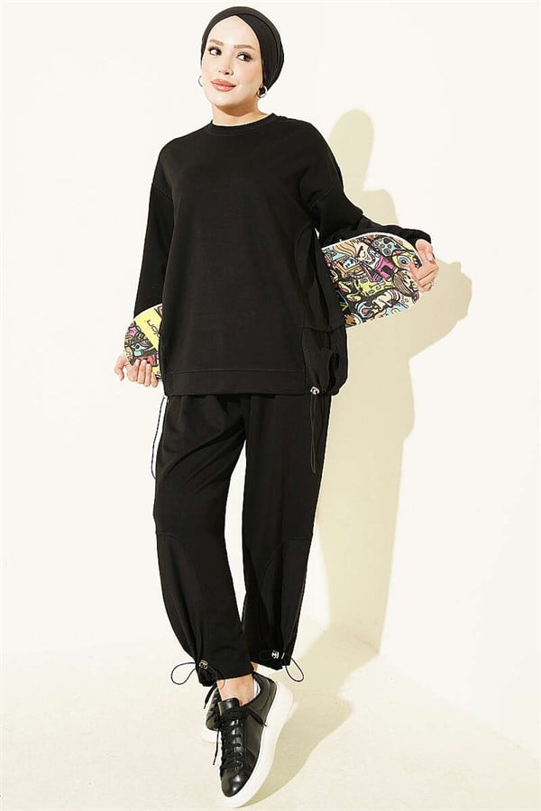 2 Piece Set with Elastic Hem, Black