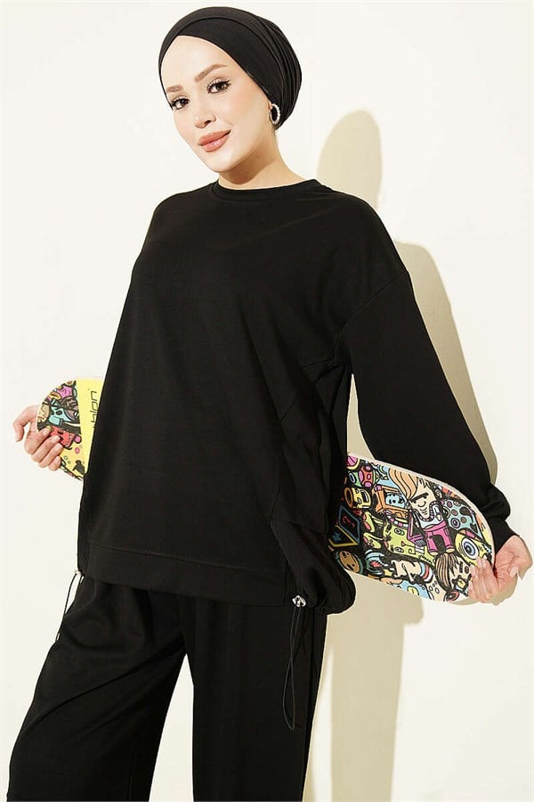 2 Piece Set with Elastic Hem, Black