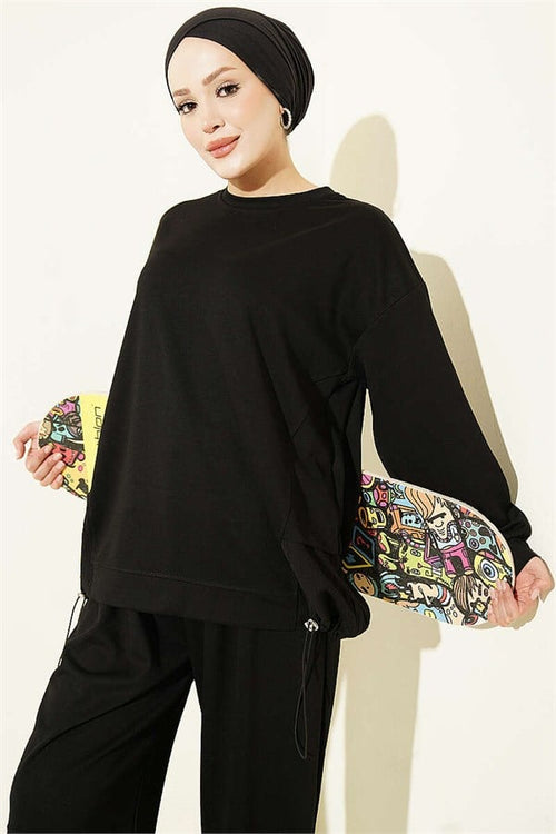 2 Piece Set with Elastic Hem, Black