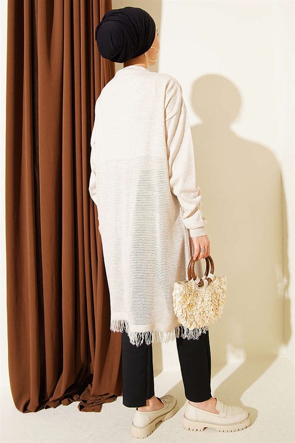 Stone Embellished Openwork Cardigan with Fringed Hem
