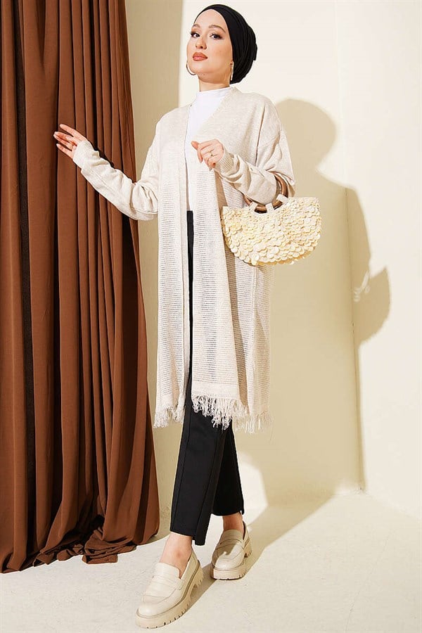 Stone Embellished Openwork Cardigan with Fringed Hem