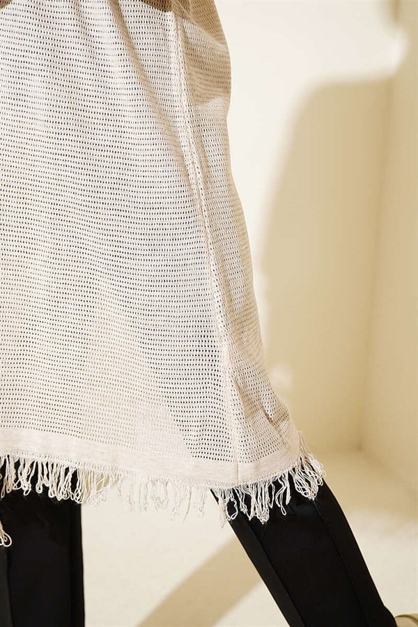 Stone Embellished Openwork Cardigan with Fringed Hem