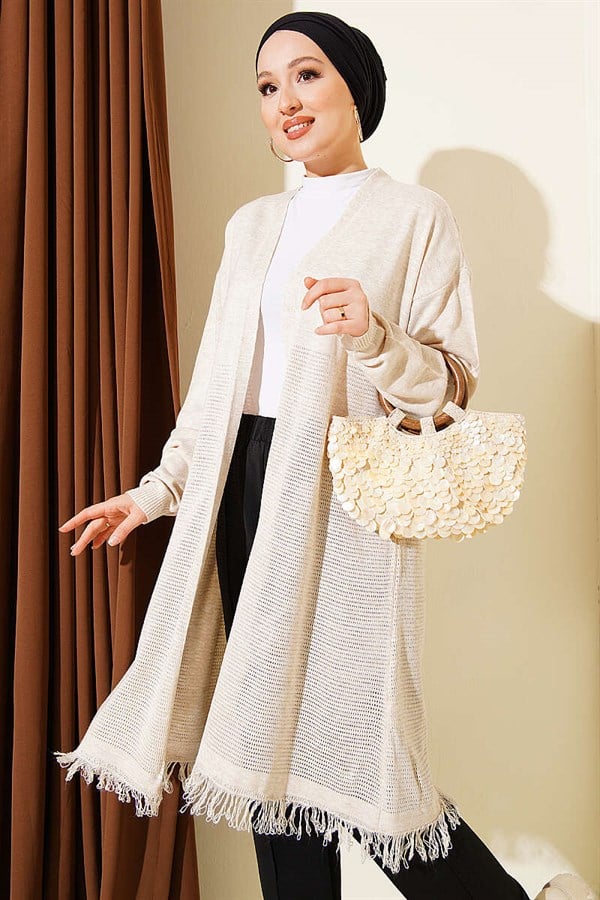 Stone Embellished Openwork Cardigan with Fringed Hem