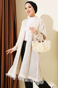 Stone Embellished Openwork Cardigan with Fringed Hem