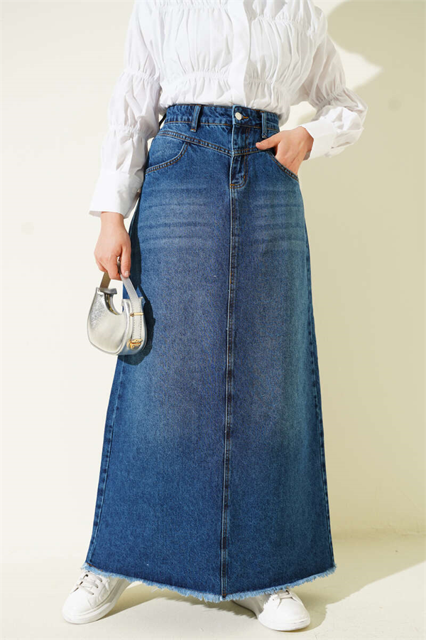 Denim Skirt with Fringed Hem