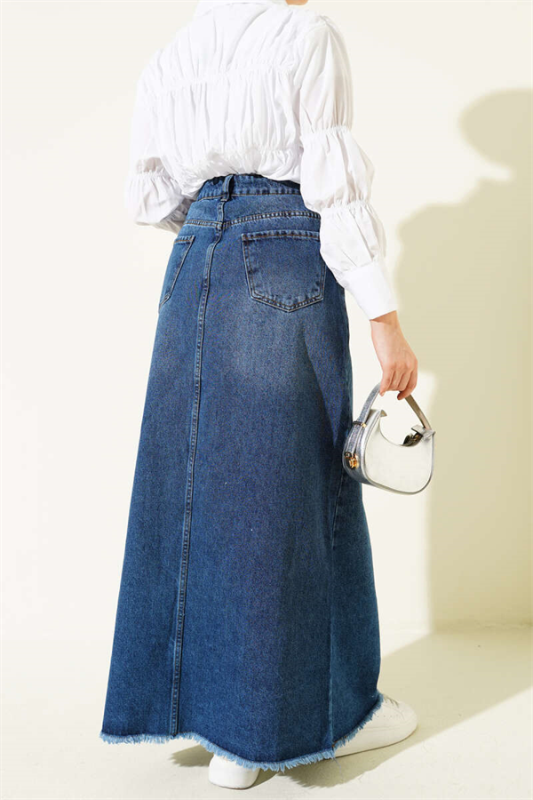 Denim Skirt with Fringed Hem