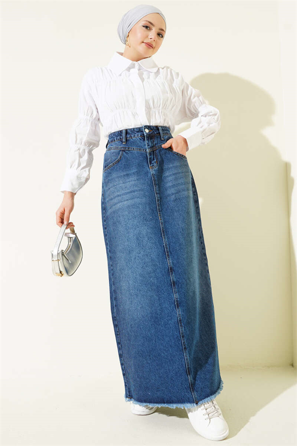 Denim Skirt with Fringed Hem