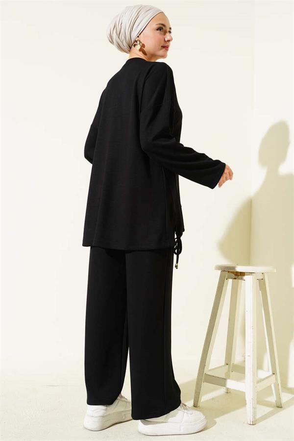 Loysha 2 Piece Set with Tunneled Hem, Black