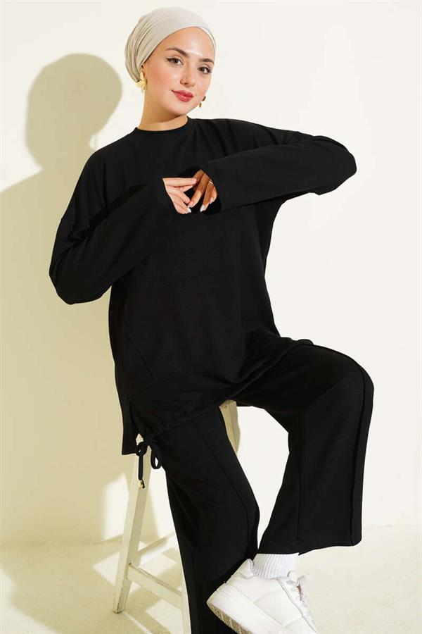 Loysha 2 Piece Set with Tunneled Hem, Black