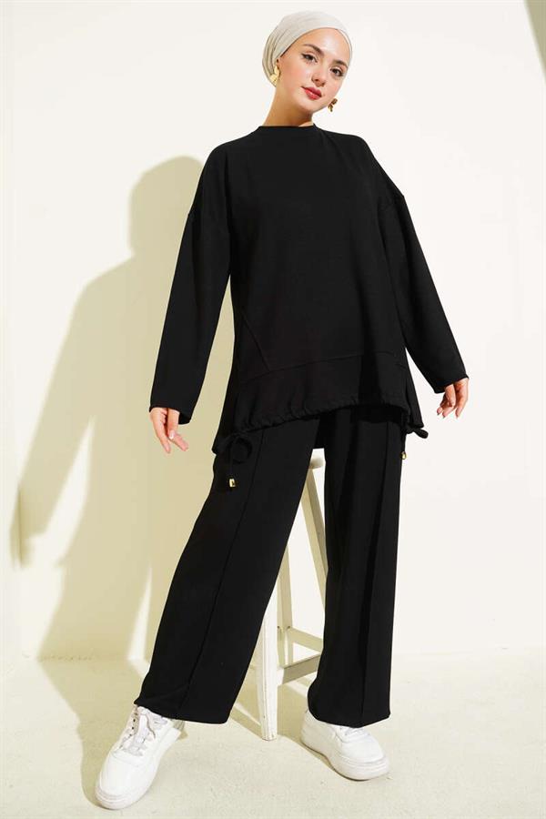 Loysha 2 Piece Set with Tunneled Hem, Black