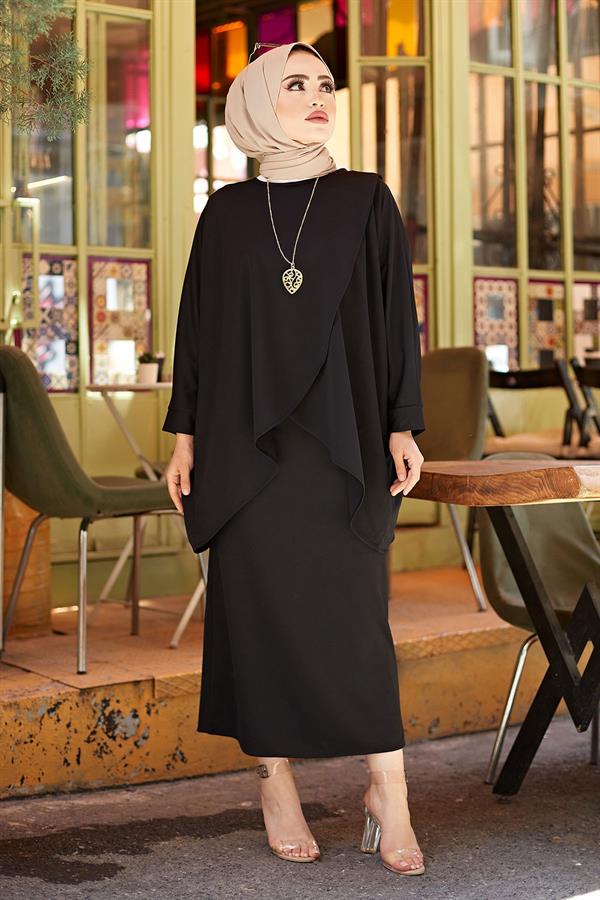 Skirt and Tunic Double Hijab 2 Piece Set 5461-2 Black