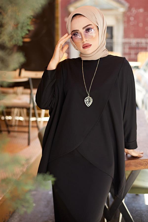 Skirt and Tunic Double Hijab 2 Piece Set 5461-2 Black