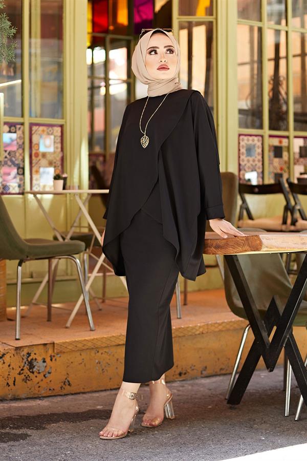 Skirt and Tunic Double Hijab 2 Piece Set 5461-2 Black