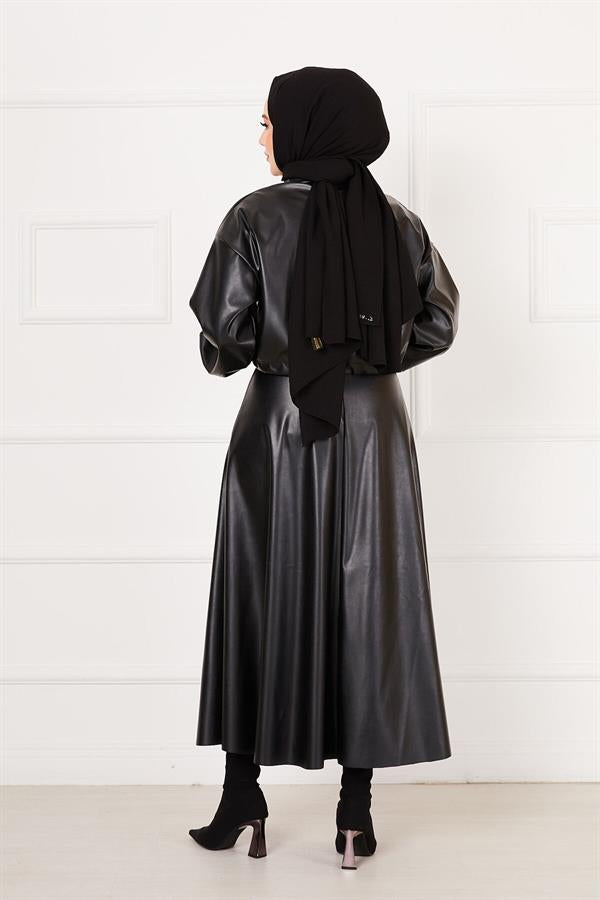 Leather Skirted Suit Black
