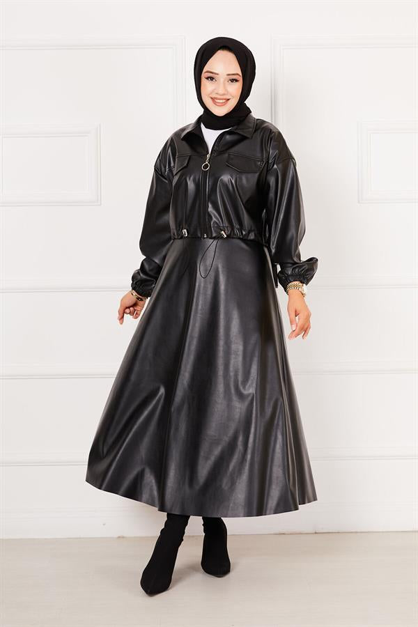 Leather Skirted Suit Black