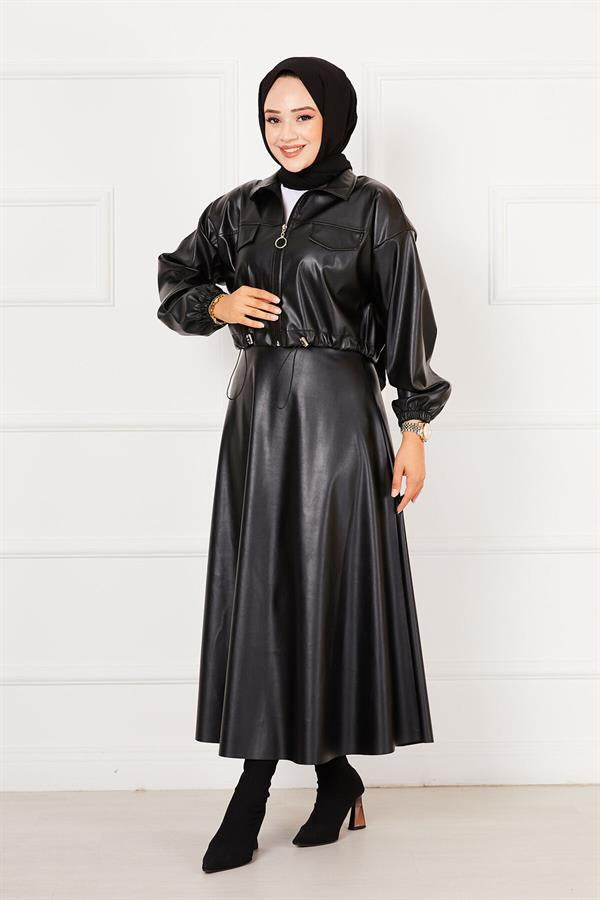 Leather Skirted Suit Black