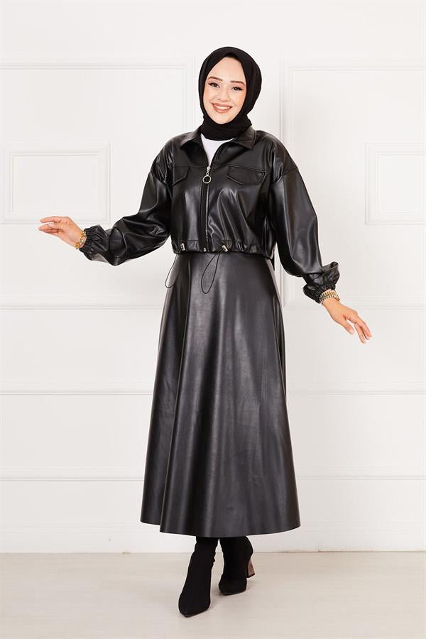 Leather Skirted Suit Black