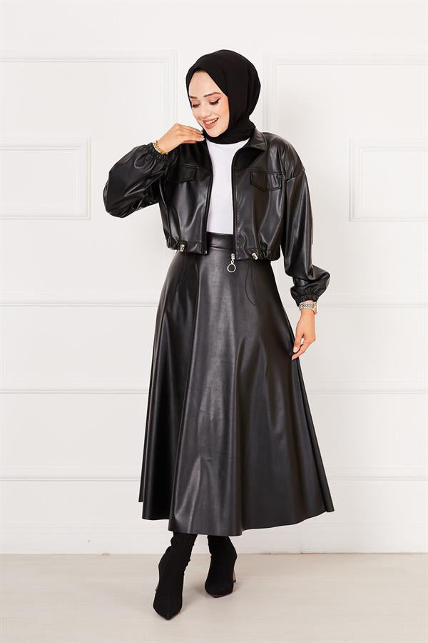 Leather Skirted Suit Black