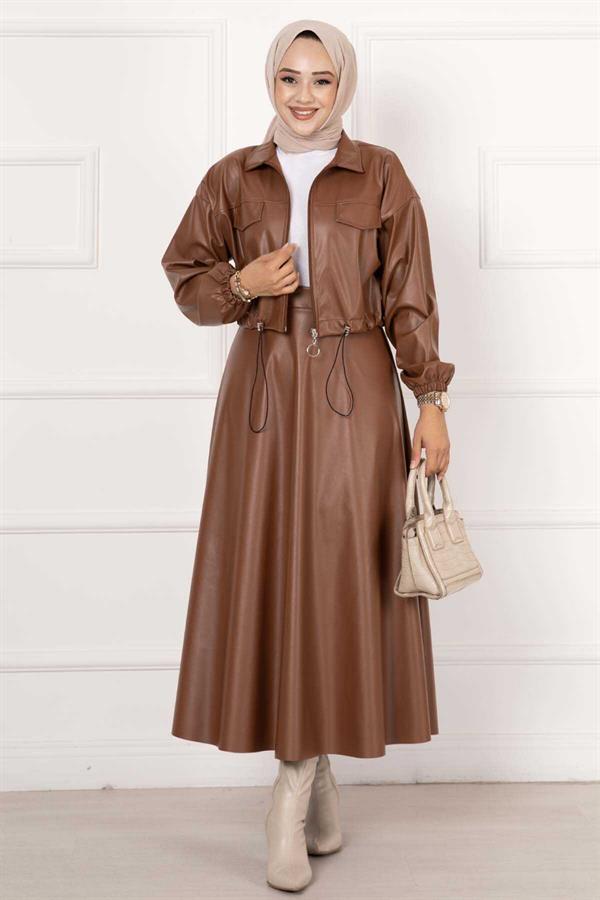 Skirted Leather 2 Piece Set Tan