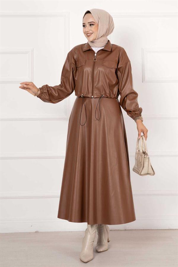 Skirted Leather 2 Piece Set Tan