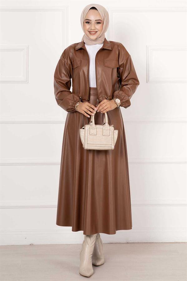 Skirted Leather 2 Piece Set Tan