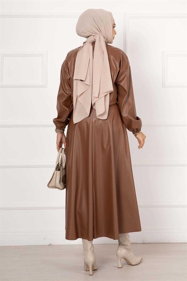 Skirted Leather 2 Piece Set Tan
